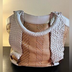 COLE HAAN Tarran Woven Straw White Leather Tote Bag
